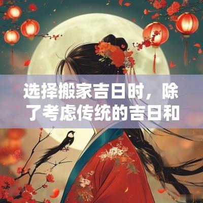 选择搬家吉日时，除了考虑传统的吉日和风水学，还有必要结合个人的实际情况。比如，家庭成员的出行时间、工作安排、学习计划等都应纳入考量。同时，还要考虑天气因素，避免在多雨或大雪的日子搬家，以免影响搬家的顺利进行。建议尽量选择周末或节假日，便于全家人在一起，增加搬家带来的欢庆气氛。