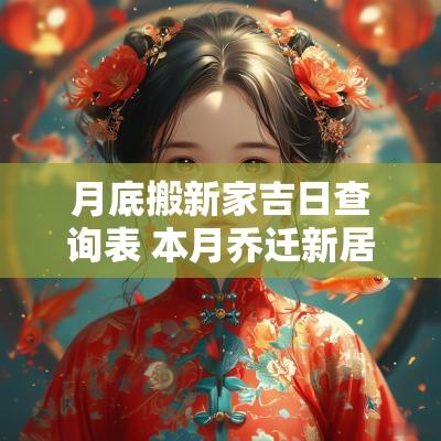 月底搬新家吉日查询表 本月乔迁新居吉日查询在选择搬家日期时，选择一个良辰吉日是非常重要的。不同的日子可能会影响你的新生活的顺利程度。本文将为你详细介绍月底搬家的吉日查询表，以帮助你更好地进行搬家计划。